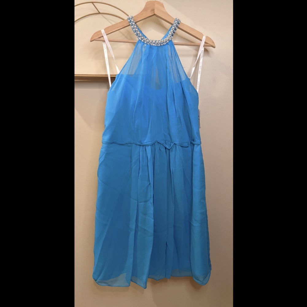 Short Chiffon Dress with Beaded Illusion Neckline